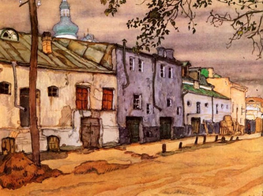 Це акварель Мстислава Добужинського «Чернігів. Склади» 1912 року. Яка сучасна вулиця зображена на картині?